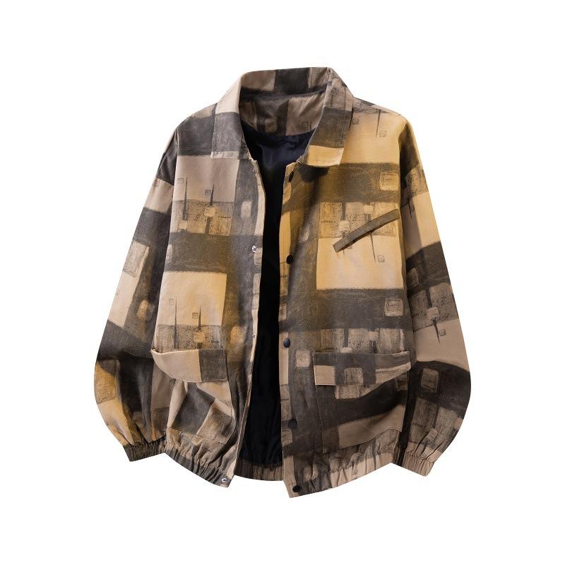 Men's Abstract Plaid Print Jacket Turn-Down Collar Button Down Oversized Streetwear Coat