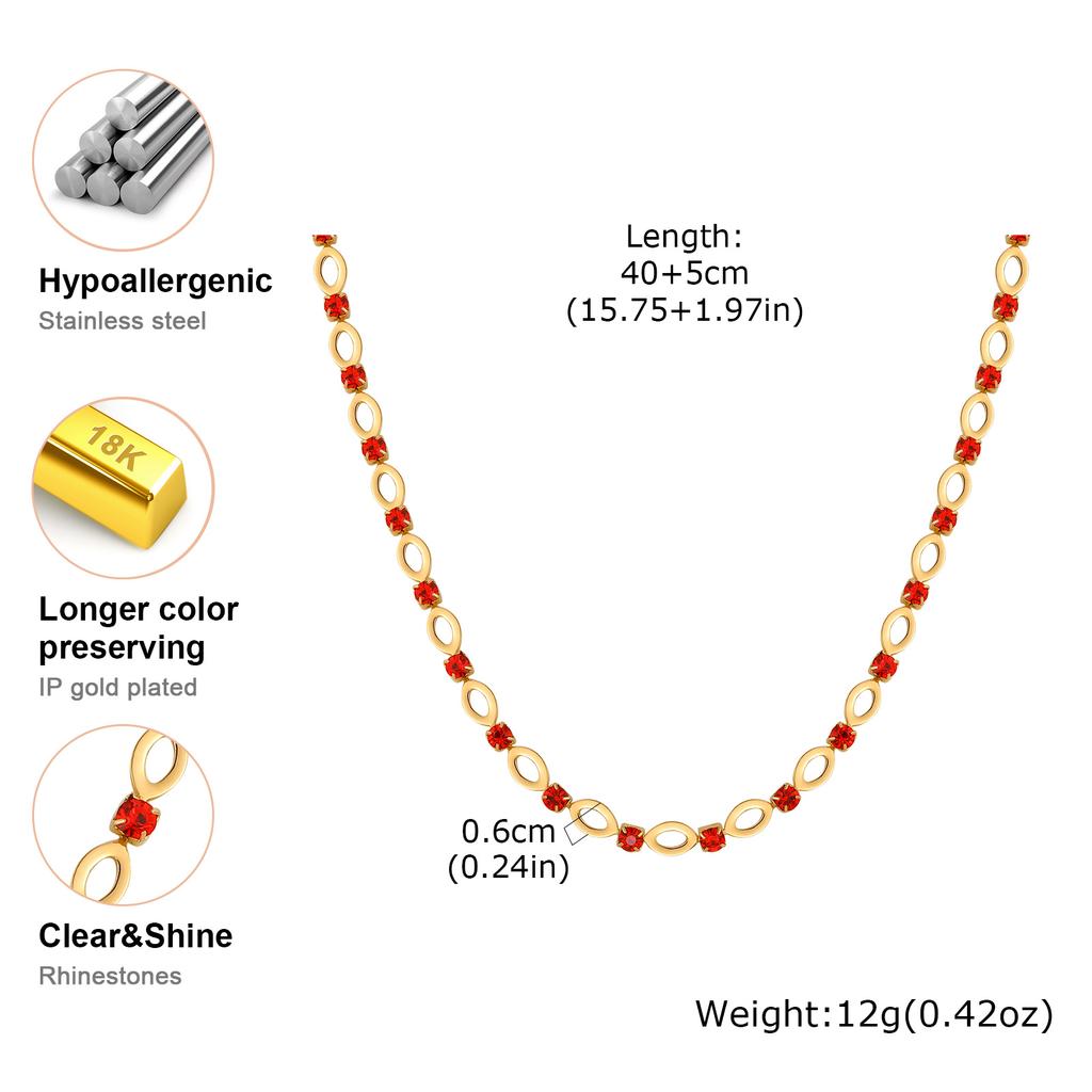 Stainless Steel Hollow Oval Chain Necklace for Women, Blue/Green/Red Zircon Adjustable Chain Bohemian Statement Jewelry Gifts