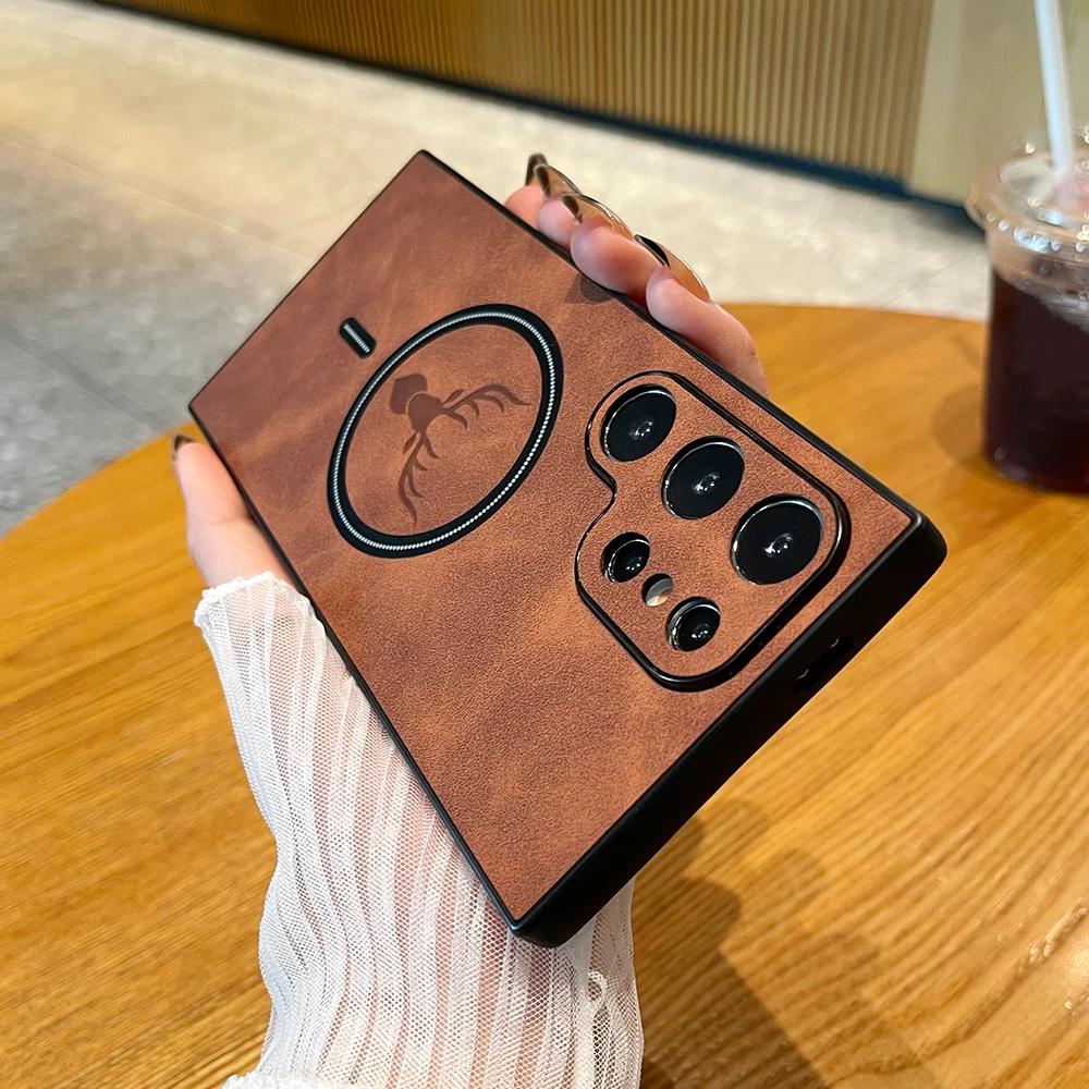 Lux Husă de Telefon din Piele cu Încărcare Wireless Magnetică Pentru Samsung Galaxy S24 S23 S22 S21 Plus Ultra Husă Carcasă Cerb Elk