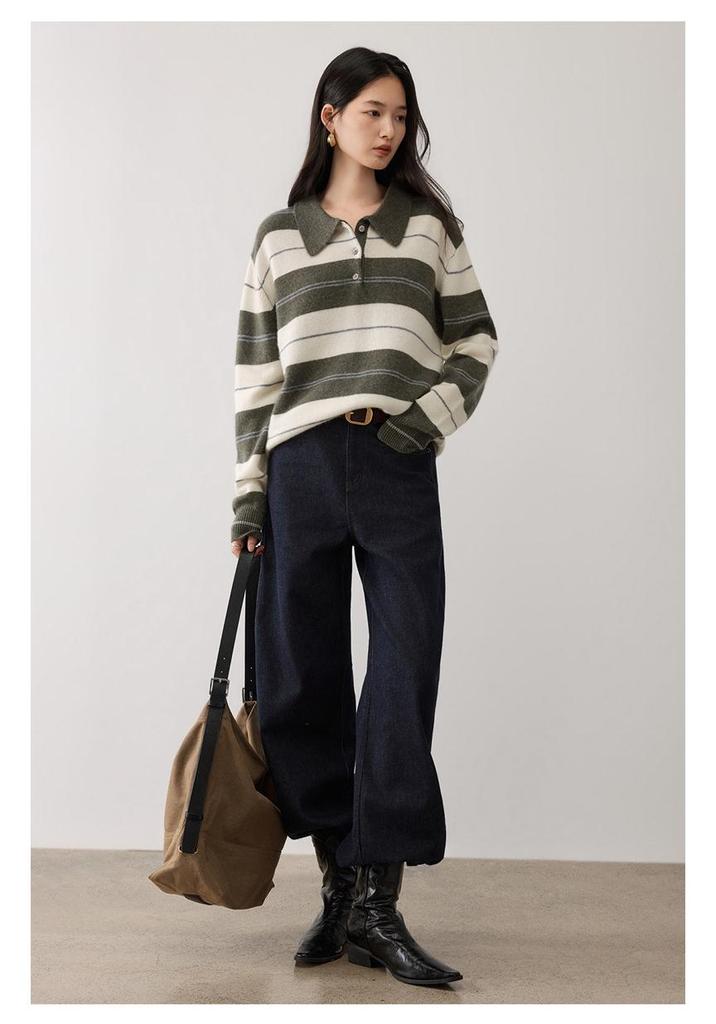 Seven-Gauge Thickened Cashmere V-Neck Color-Block Stripe Polo Collar Pullover