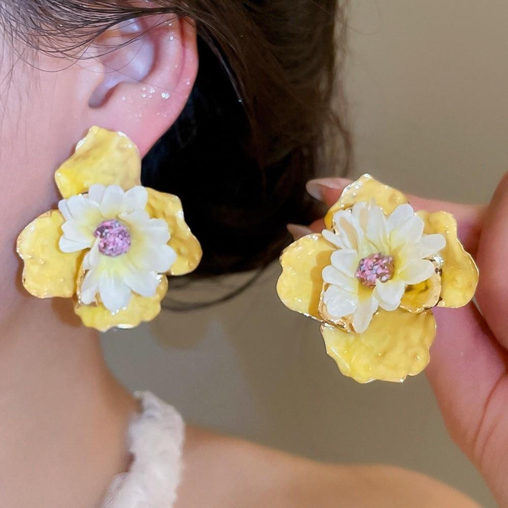 Korean Style Exaggerated Ear Pendant Oil Drip Floral Ear Studs Colorful Flower Earrings  Daily