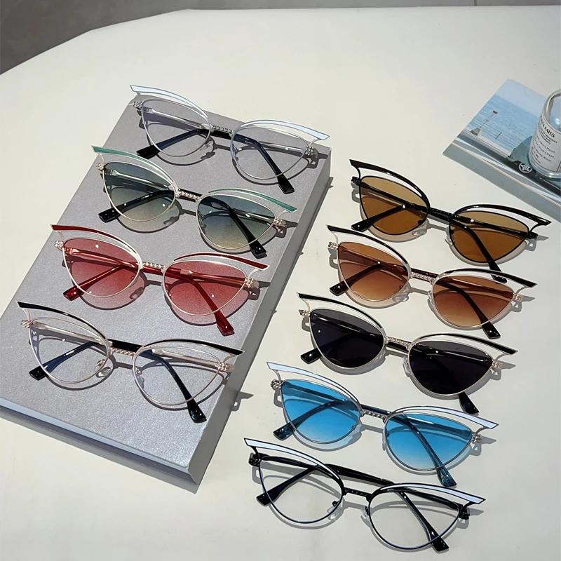 Hollowed Cat Eye Sunglasses Women Fashion Gradient Decorative Shades  New Trendy Design Casual Outdoor Sun Glasses Uv400