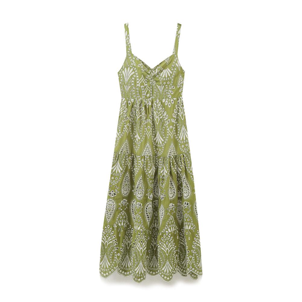 2025 Summer Women's European and American Style Hollow-out Embroidery Midi Dress with Spaghetti Straps