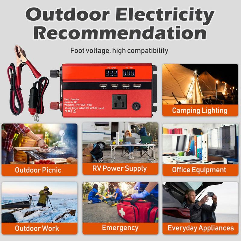 Car Inverter LCD Display DC 12V To AC 110V Converter With 4 USB Ports Power Inverters For Vehicles For Outdoor Vacation Business