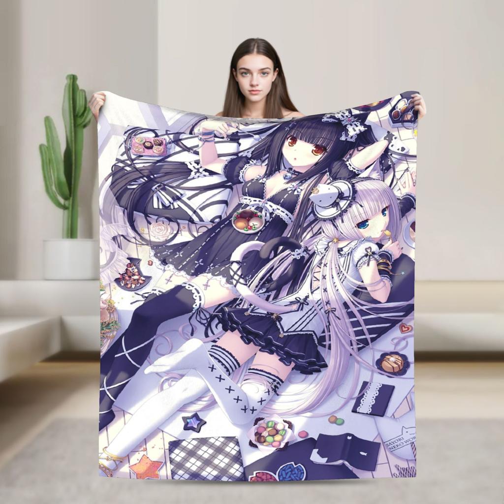 Kawaii Nekopara Anime Catgirls Blankets Fleece  Super Warm Throw Blankets for Outdoor Travel Bedroom Quilt