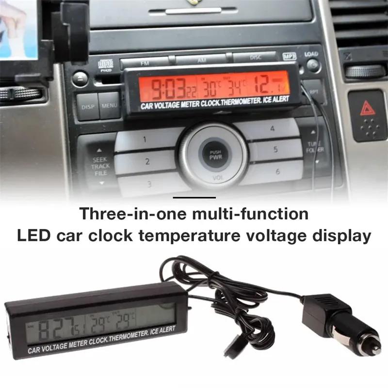 12-24V Car 3 In 1 Digital Inner & Outer Thermometer Display Car Battery Voltmeter & LCD Clock with Temperature Sensor Backlight