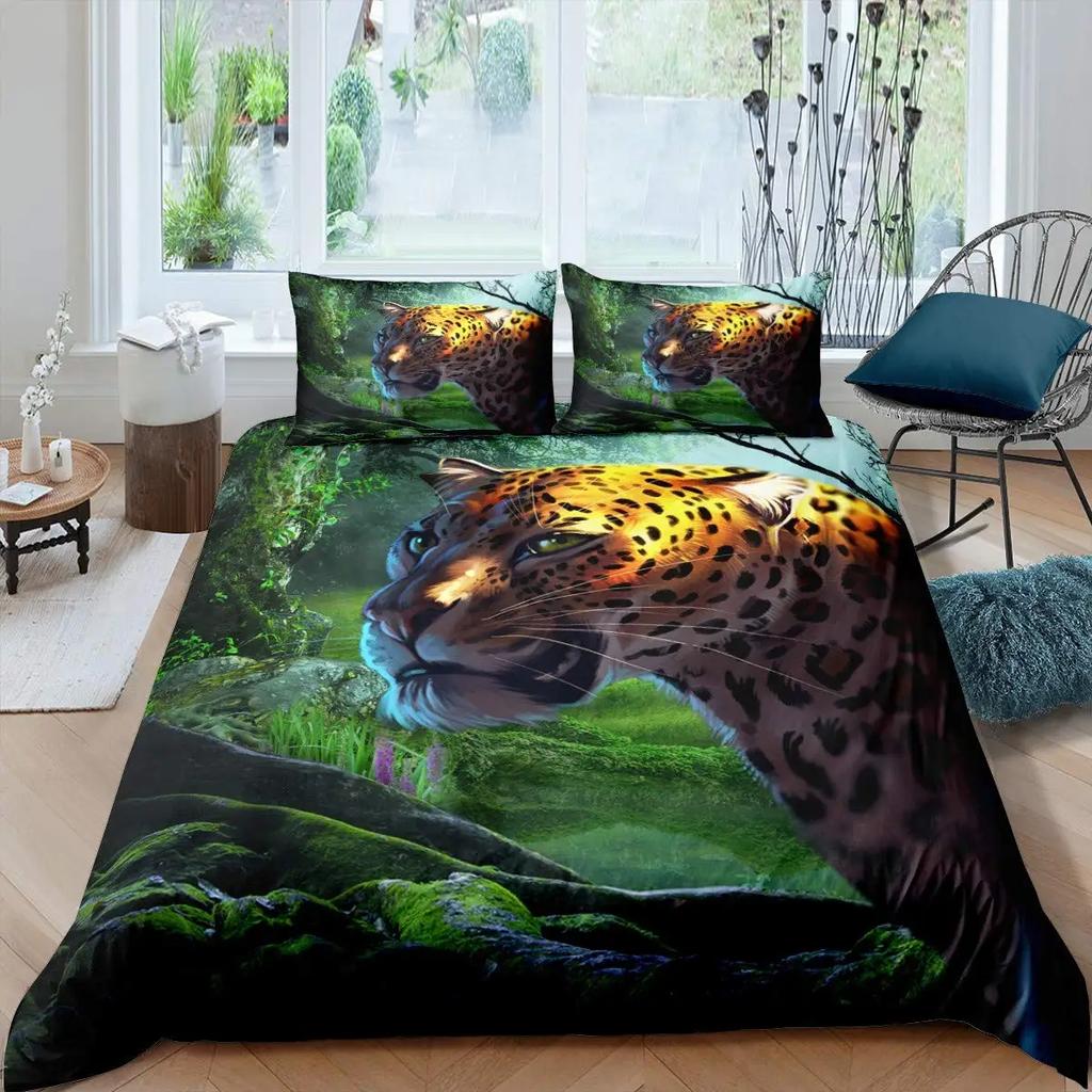 Leopard Comforter Cover Set King Fierce Cheetah Duvet Cover Safari Wild Animal Bed Cover Teens Bedroom Decor 2/3Pcs Bedding Set