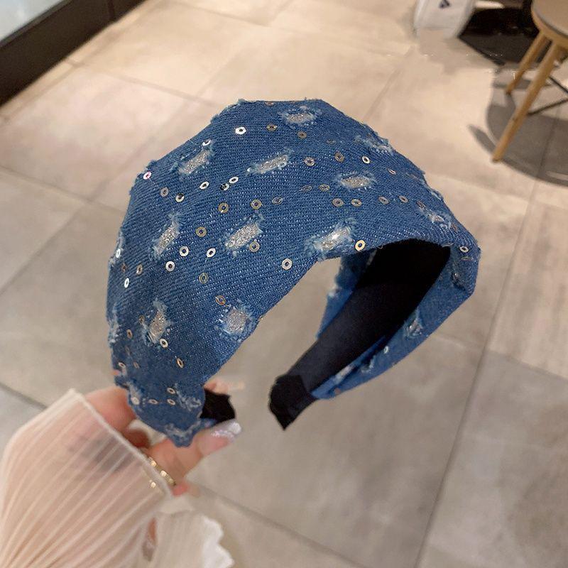 

Тканевая джинсовая повязка на голову с пайетками и широким краем, модная простая повязка на голову в студенческом стиле, темпераментные универсальные нишевые аксессуары для волос
