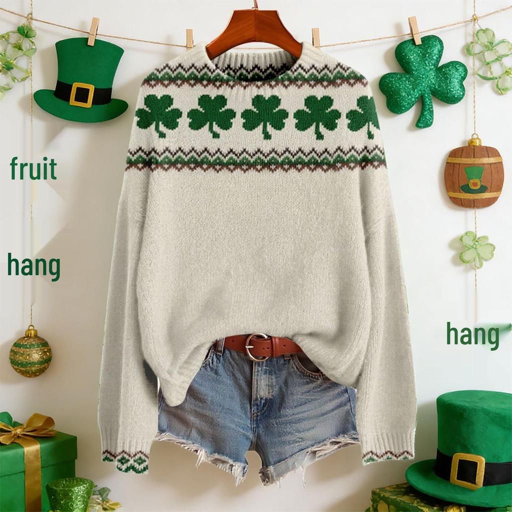 LXF-YT52 Saint Patrick's Day Fair Isle Pullover Sweater - Long Sleeve, Spring and Autumn Fashion.