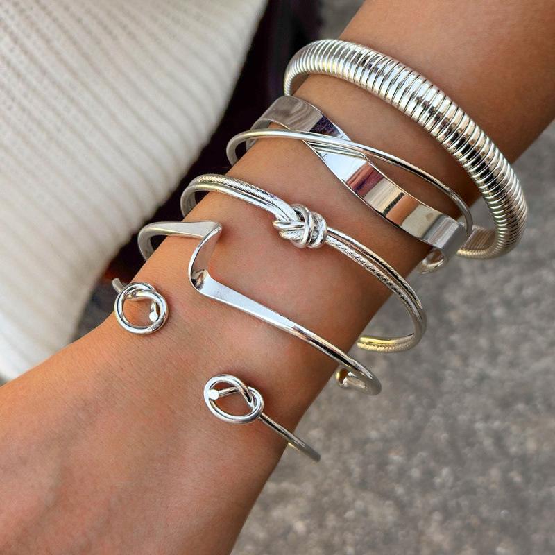 5 Pcs Punk Minimalist Geometric Bracelets Set for Women Retro Hip Hop Boho Stackable Design Open Bangle Daily Wear Jewelry Gifts
