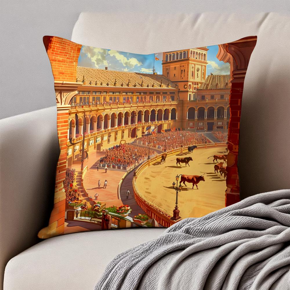 Spanish Running of the Bulls Cushion Cover Pillowcase Antidustmite Invisible Zipper Short Plush Sofa Cushion