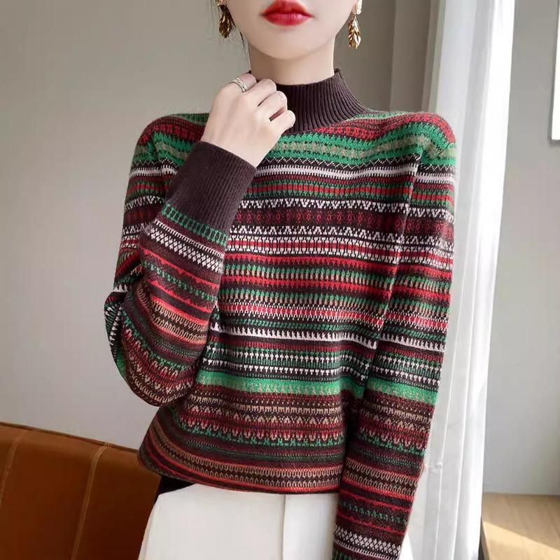 Semi-turtleneck Retro Jacquard Sweater Women's Autumn and Winter New Versatile Striped Bottoming Shirt Pullover Color Knitted Sweater