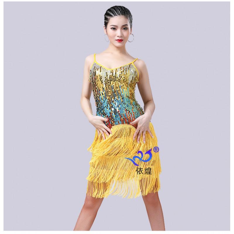 Latin Dance Dress Sequined Fringe Stage Performance Costume Women