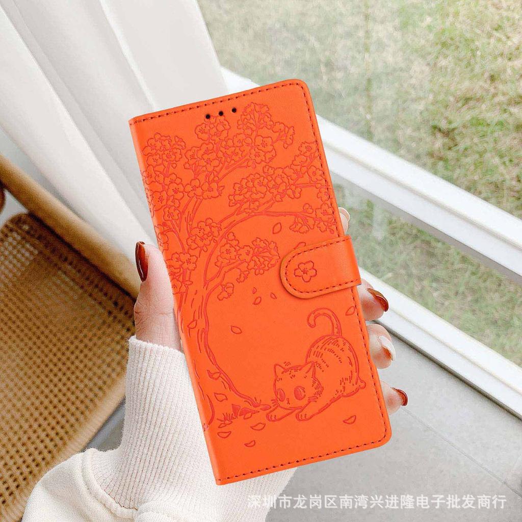 Applicable To iPhone17 Leather Case, Samsung S26 Tree Cat Pattern Card Wallet Protective Case Redmi K90 Solid Color