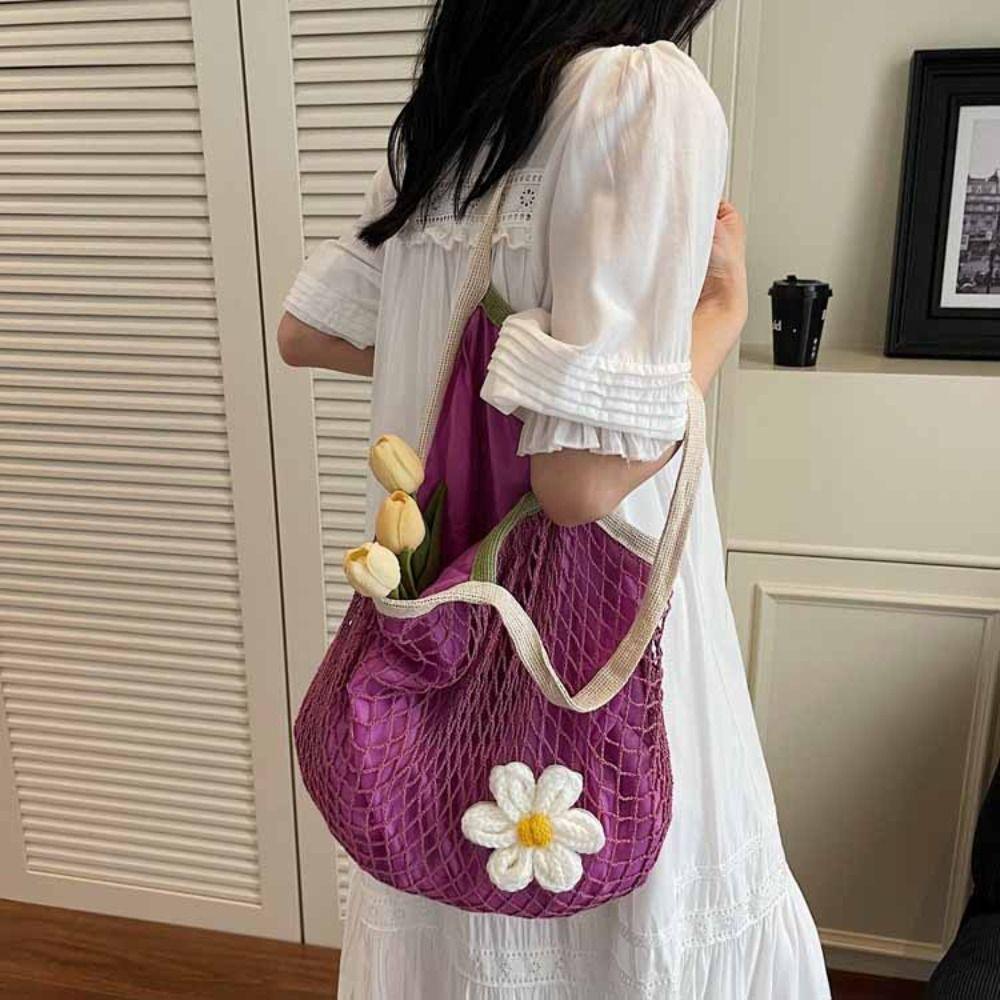 Polyester Hollow Woven Shoulder Bag Large Capacity Summer Beach Tote Bags  Clothes Storage