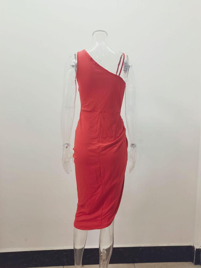 2023 Women's Solid Color One-Shoulder Ruffled Evening Gown with Sexy Slit