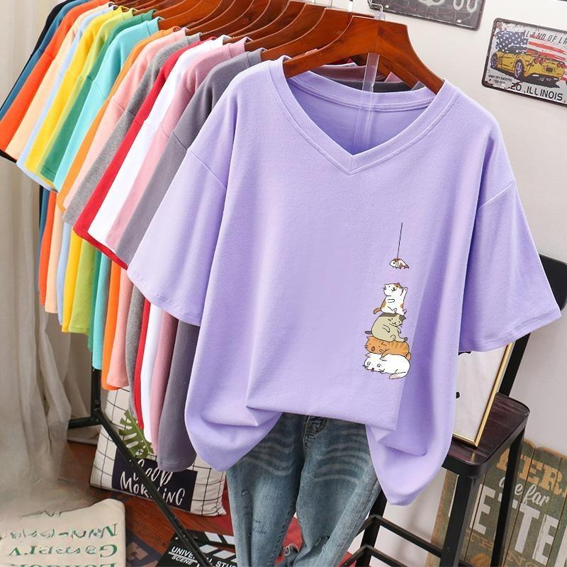 Short-sleeved T-shirt for Women, Large Size, Loose and Slimming, Printed V-neck Top