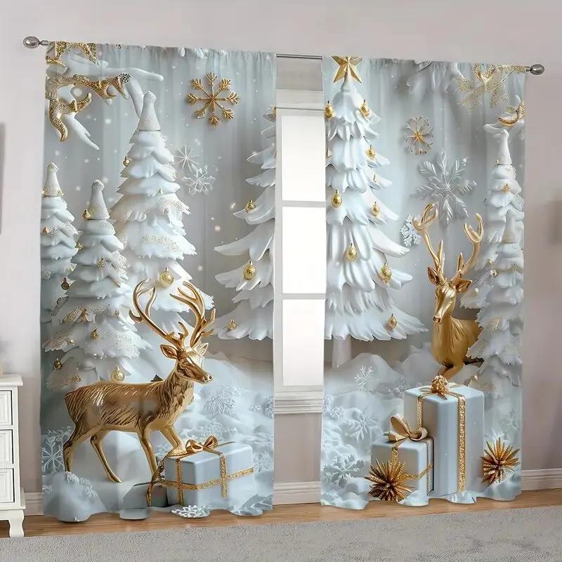 Set Of 2 Christmas Snow Tree Golden Reindeer Design Printed Curtains Pole Bag Home Decoration Room Curtain Polyester