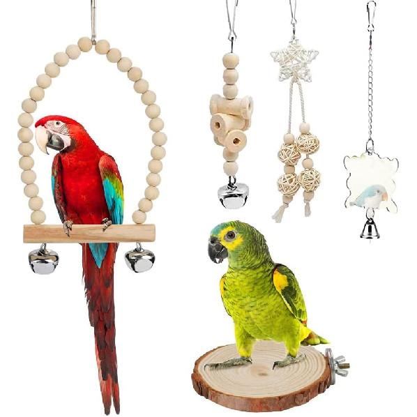 9-Piece Parrots Chewing Toy Set - Natural Wood & Rope Bungee Toys for Anchovies, Coconut Hideaway with Ladder, Bird Perch Stand, Cage Accessories for