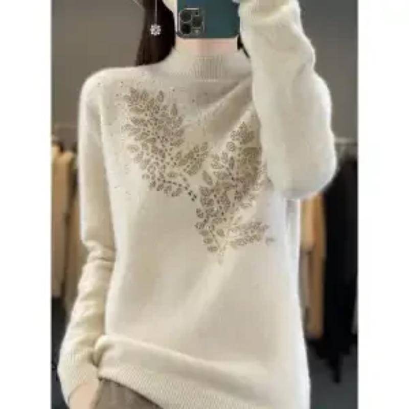 Høst Vinter Ny Stil Rhinestone-dekorert Halvhøy Hals Topp Løs Genser Andi Fløyel Strikkegenser Dame Yttertøy Topp