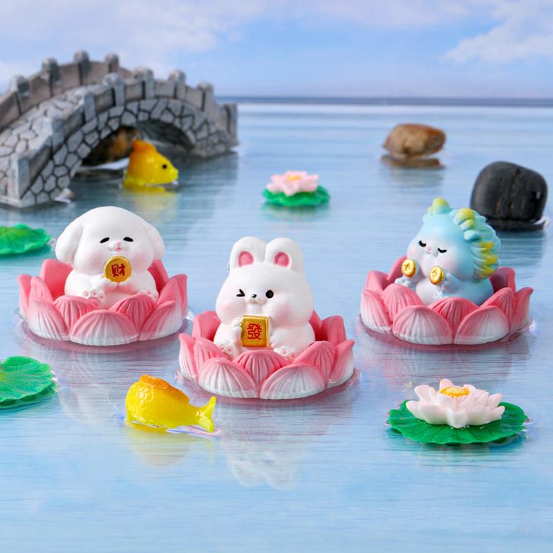 Creative Lotus Wealth Animals Miniature Figurines Cartoon Desktop Car Micro Landscape Home Ornaments Decoration Accessories Gift