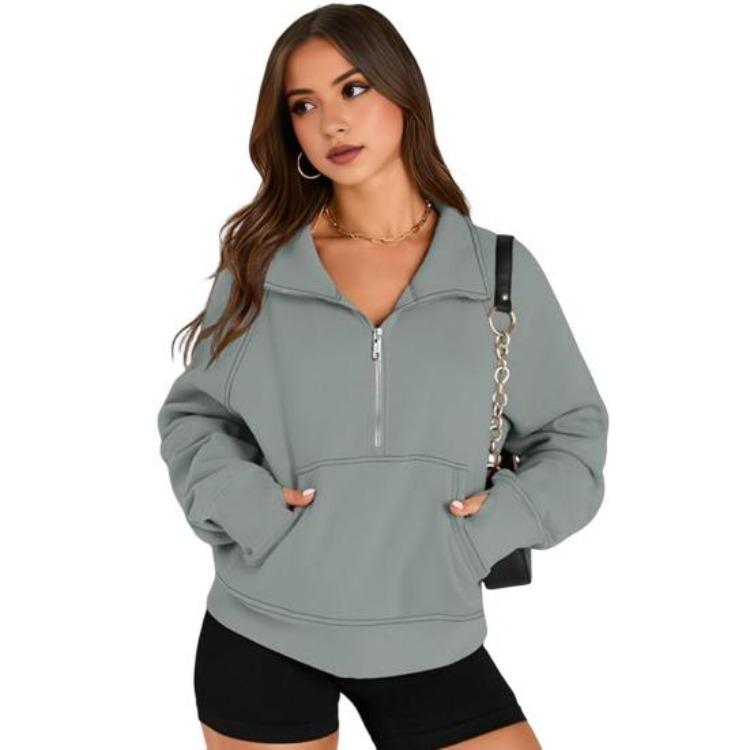 Thick Fall Winter Sweatshirt Casual Sport Top Loose Elastic Cuff Long Sleeves Half Zipper Turn Down Collar Big Pocket Pure Color Daily Wear