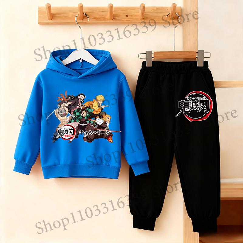 Felpa con Cappuccio e Pantaloni Anime Demon Slayer Set per Bambini Felpa con Cappuccio Giacca Pantaloni Set Ragazzi Ragazze Top Pullover Autunnale Abbigliamento Regalo