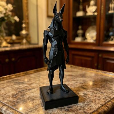 3D Printed Anubis Statue Desk Sculpture with Stable Square Base Matte Black Minimalist Low-Polygon Design for Home Office Study Room Decor Gift