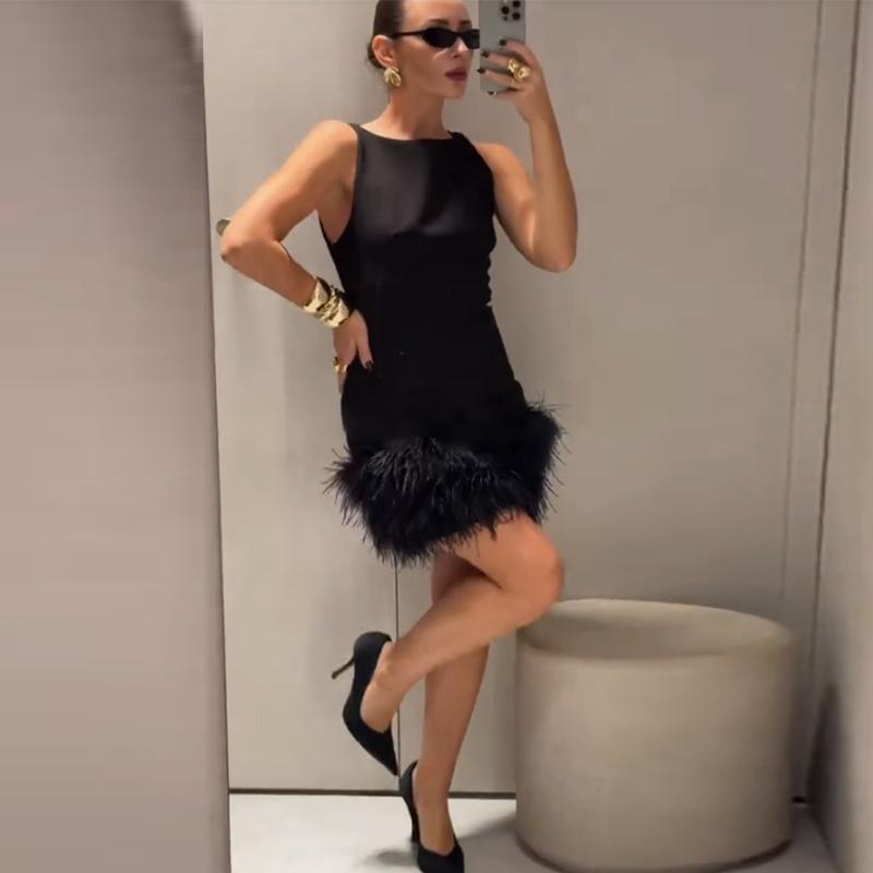 Elegantní Sexy Módní Střapcové Peří Patchwork Krátké Šaty Ženy Štíhlé O-výstřih Bez rukávů Vysoký Pas Šaty