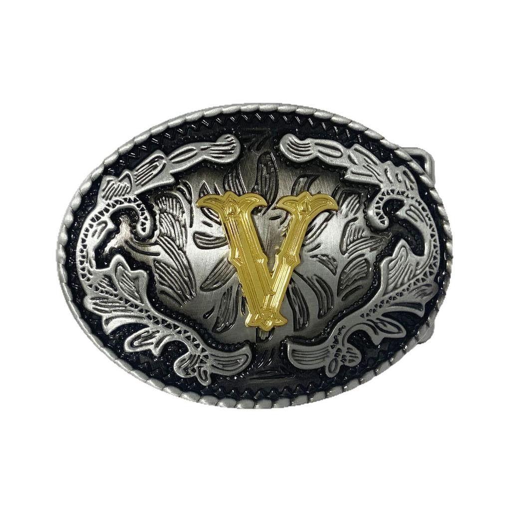 Western Cowboy Ethnic-Style Oval Belt Buckle - English Letters & Tang Grass Pattern Alloy