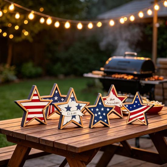 4th of July Rustic Star Wooden Sign, Vintage Star Shaped Block Sign, Patriotic Tiered Tray Centerpiece for Memorial Day, Independence Day Home Table