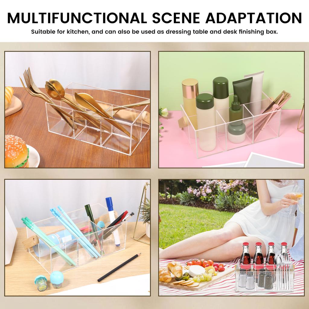 Acrylic Cutlery Holder Kitchen Silverware Organizer with Handle and 4 Compartments Cutlery chopstick Forks Spoons Storage Picnic