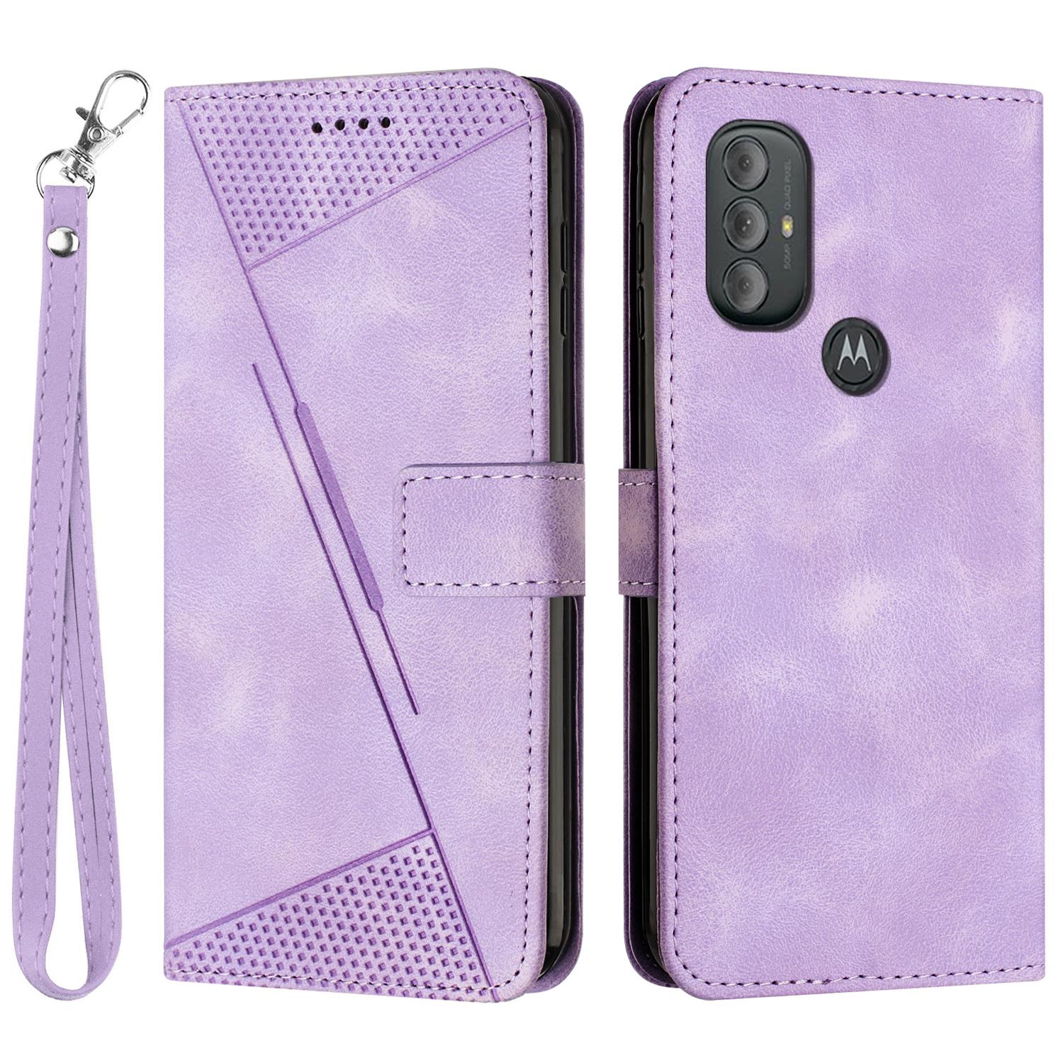 

For Motorola Moto G Power (2022)/Moto G Play (2023) 4G Wallet Case Triangle Imprinted Leather Cell Phone Cover with Strap Purple