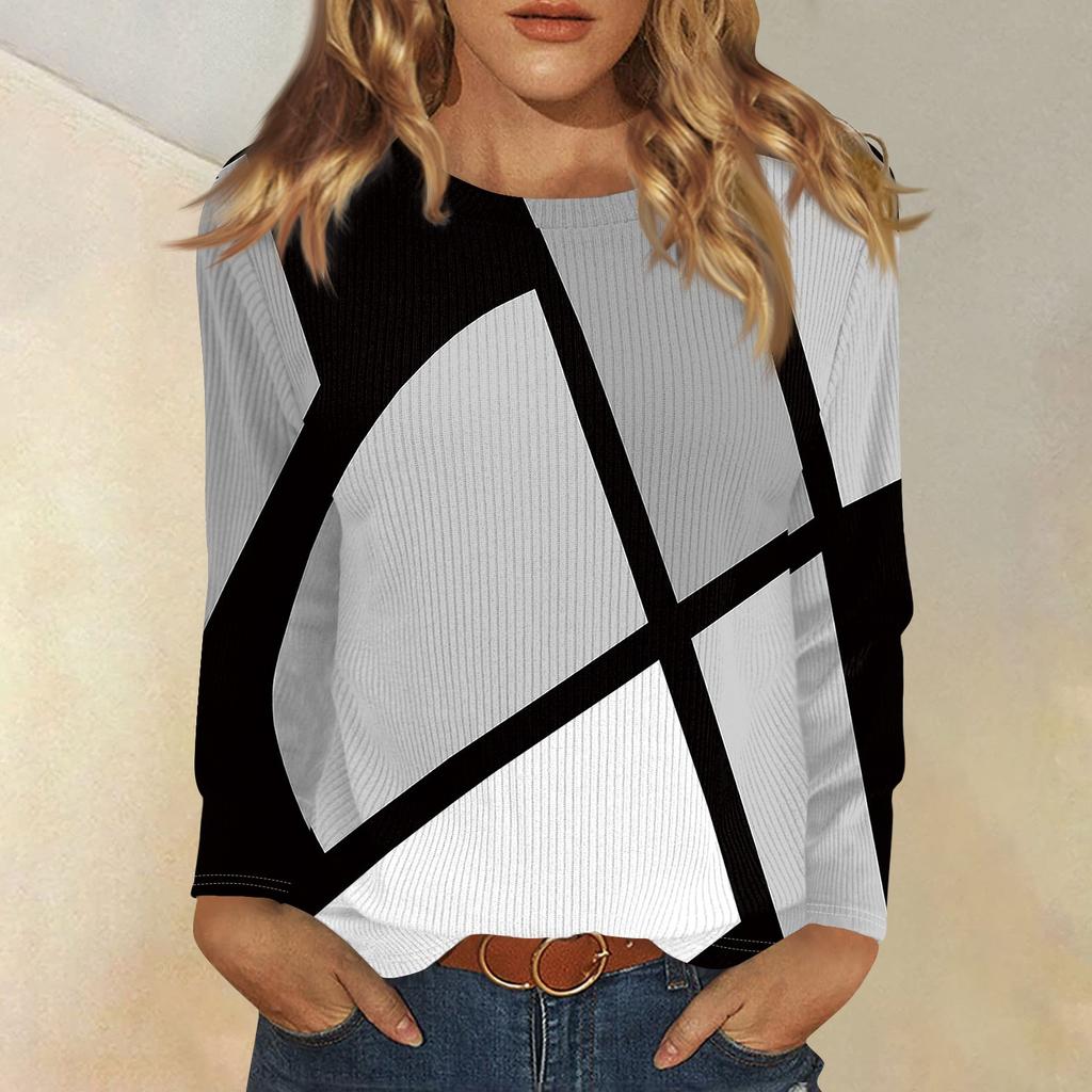 Topper med lange ermer for kvinner T-skjorte Casual trykktopper T-skjorte Rund hals Pullover Bluse