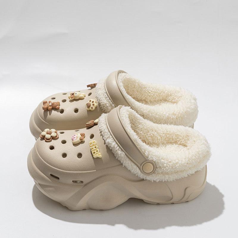 New velvet hole shoes women's winter non-slip outer wear cotton shoes heightened thick-soled home removable cotton slippers