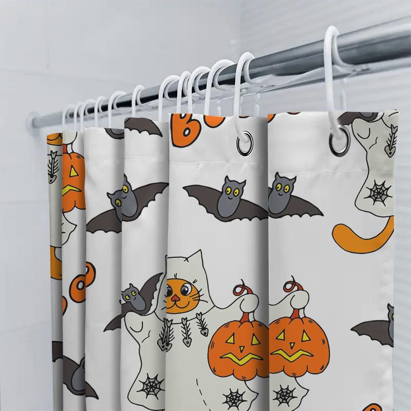 Whimsical Halloween Shower Curtain SetCats Pumpkins Decor White Fabric Waterproof Bath Liner for Kids Room Home Decoration (Whit