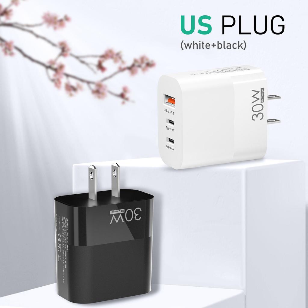 30W Multi-Port Mobile Charger with 2C+A, EU/US/UK Standards, QC3.0 Fast Charging