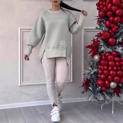 2 Pcs/Set Women Top Pants Suit Round Neck Long Sleeve Slit Hem