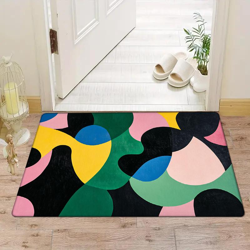 Flannel Thickness 0.47inch - 1pc Abstract Geometric Patchwork Pattern Door Mat, Colorful Irregular Shapes and Lines with Modern