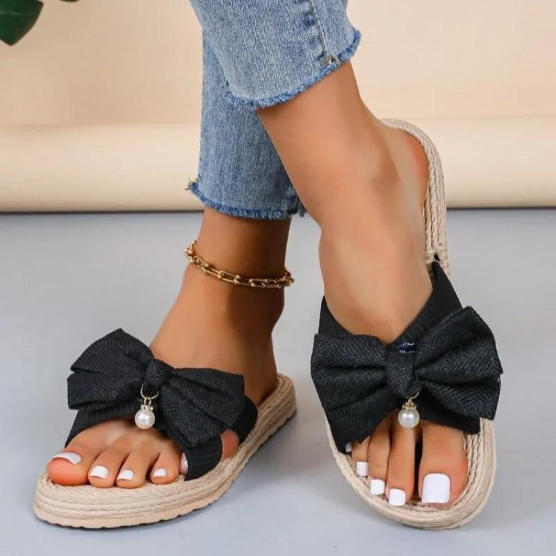 Fashion Women Slippers 2025 Summer New Fashion Bow Flat Shoes for Women Open Toed Casual Beach Flip Flop Female Zapatos De Mujer