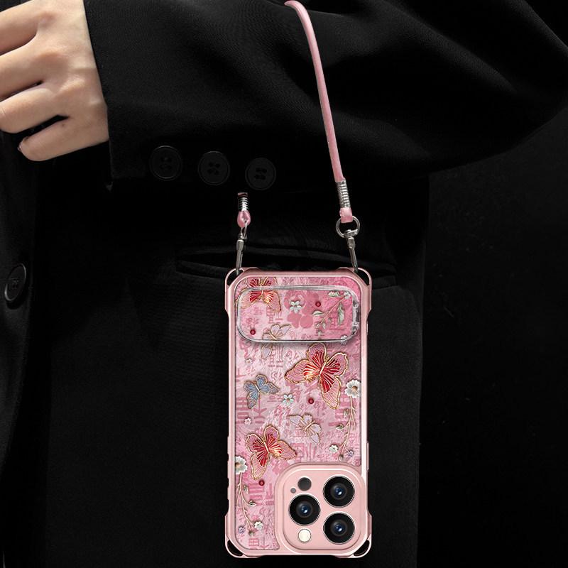 Baifu Butterfly is suitable for Apple 17Pro mobile phone case 16 new bracket case 15p glacier pattern 14 lanyard 13 advanced