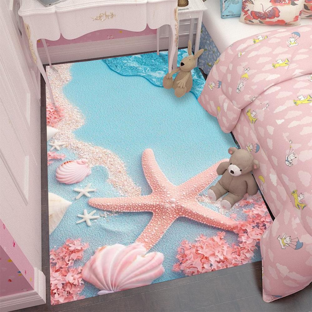 Large 3D Beach Area Rug with Seashells Starfish and Foamy Waves Kids Bedroom Non-slip Decorative Carpet Home Decoration