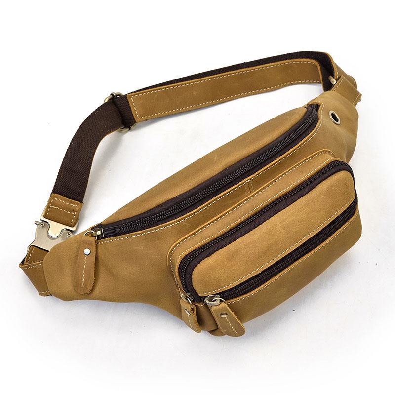 

MAHEU Natrual Cow Skin Waist Bag Outing Stroll Fanny Pack Zipper Belt Bum Waist Bag Brown Genuine Leather Men Male Waist Pack