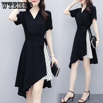 Large Size Dresses Women's 2023 Summer Black Age Reduction V-neck Dress Waist-skimming Long Dress