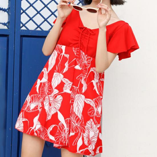 

Купальное платье Свободный цельный купальник из полиэстера с V-образным вырезом и цветочным принтом для контроля живота на лето