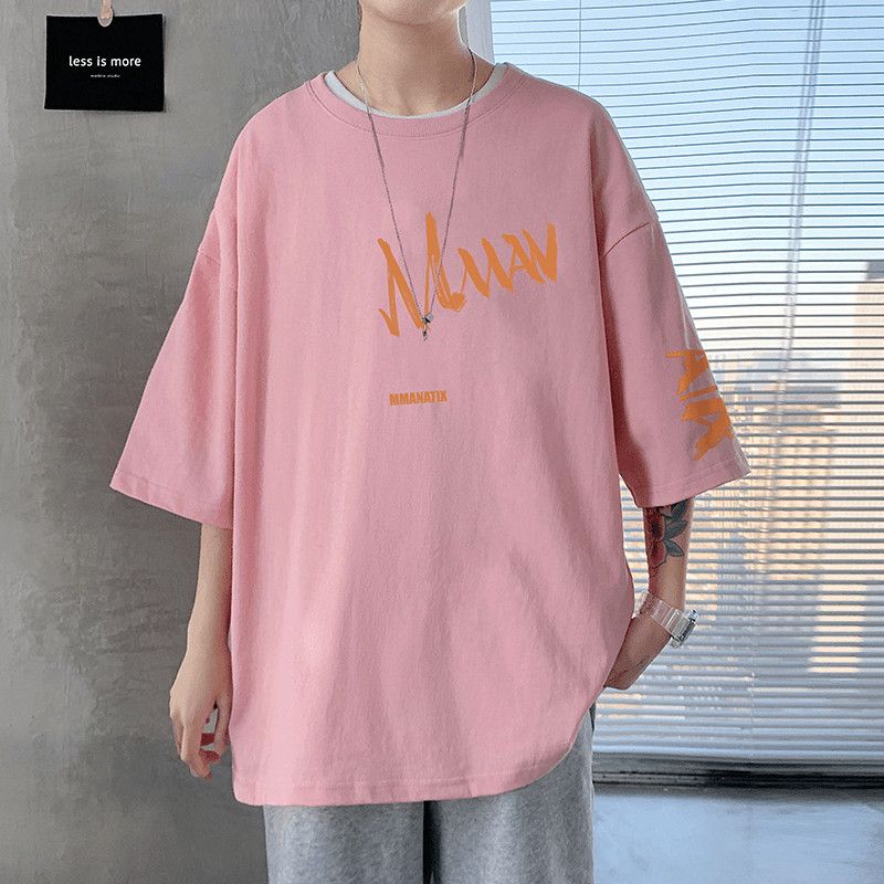 

Korean Short Sleeve Pullovers Men s Clothing Letter Printed Summer Casual O-Neck Basic Stylish Loose Youthful Vitality T-shirts L розовый