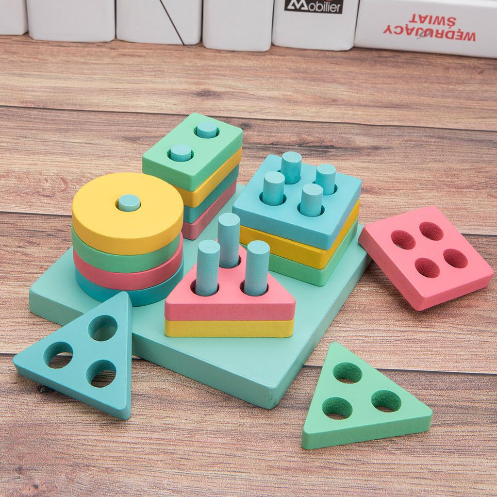 Building Kids Wooden Blocks Four Colors Macaron Shaped Match Educational Toy