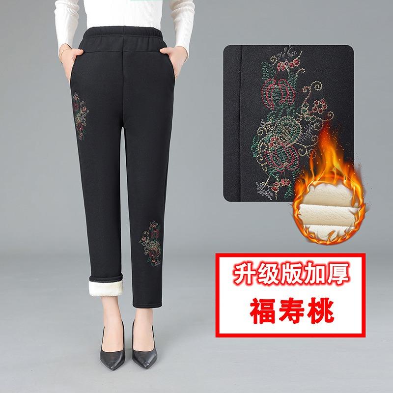 Middle-aged elderly women winter velvet thickened lamb wool mother thermal cotton pants wear large size high waist grandma pants