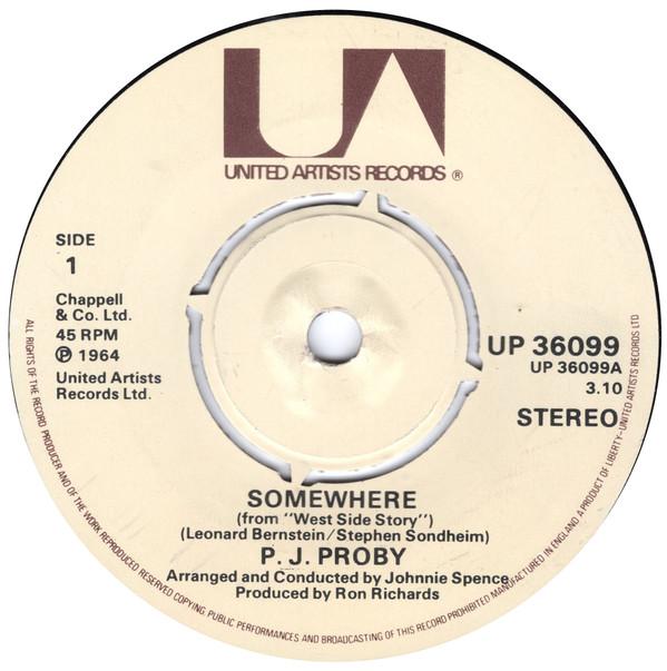 

7inch Record P.J. PROBY - Somewhere UP36099 United Artists 1976 UK Rock Used