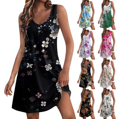 Damen Casual Print Sommer Bohemian Strandkleid mit Taschen V-Ausschnitt Tank Kleid